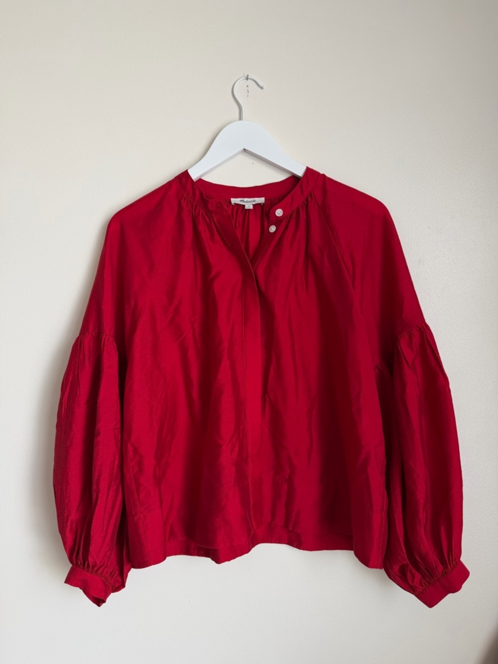 Madewell Shirred Balloon-Sleeve Top Button Up Red Size Small